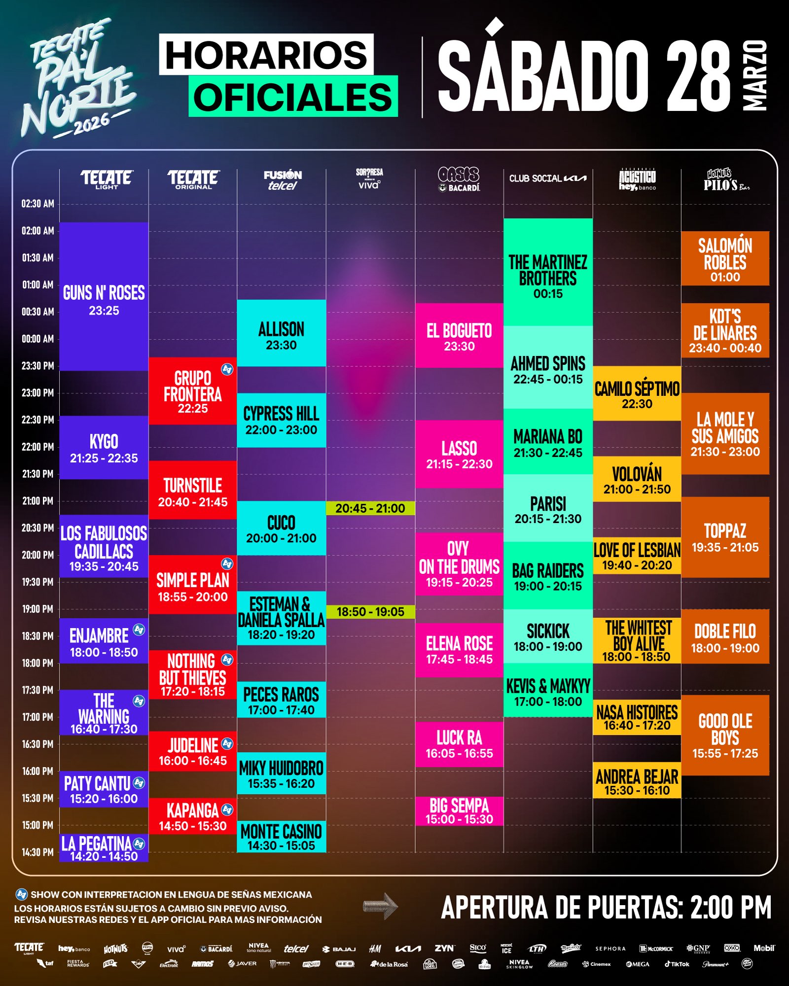 Horario Sábado 28 Marzo